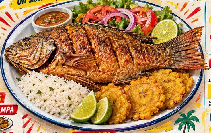 Mojarra frita con arroz, patacones, ensalada y limón
