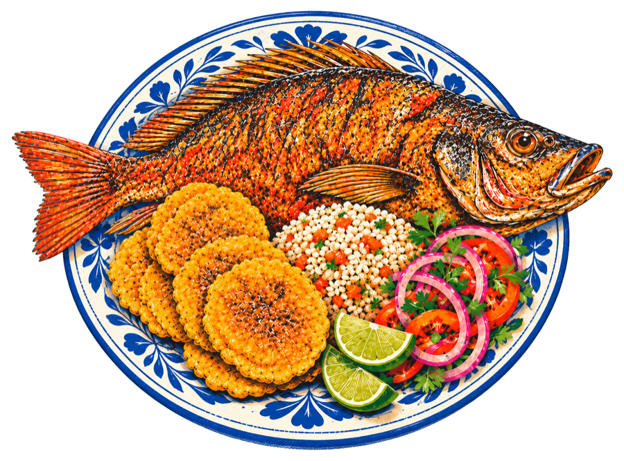 Mojarra frita con arroz, patacones, ensalada y limón